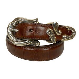 Brighton Womens Belt 2X Brown Croco Texture Leather Ornate Silvertone Buckle